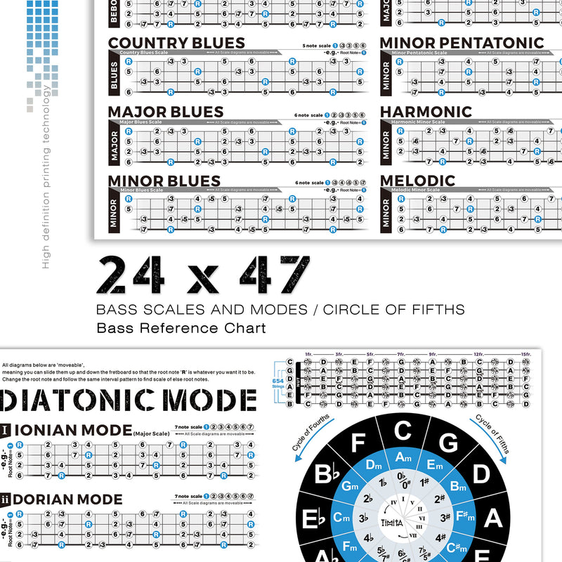 Bass Scales Modes Chart of Pentatonic | Blues | Harmonic Minor | Melodic Minor & Diatonic Mode, Basses Guitar Wall Poster for Beginners Adult or Kid Bass Guitar Poster