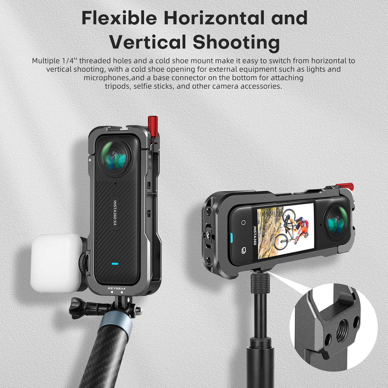 REYGEAK for insta-360 X4 Case, Aluminium Utility Frame for Insta360 X4,Protective Cage with Silicone Lens Cover,Cold Shoe Interface with 1/4" Threads Cold Shoe Mount Folding Fingers