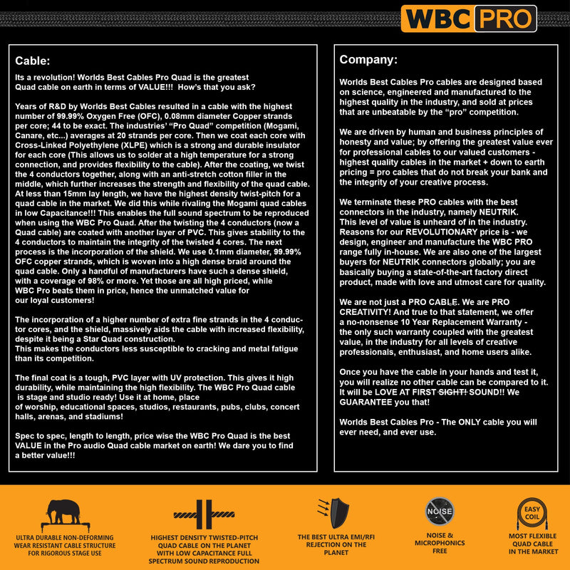 12 Foot - WBC-PRO-Quad Ultra-Silent Ultra-Flexible Balanced Star-Quad Cable with Neutrik Male & Female XLR Plugs & Black Tweed Jacket