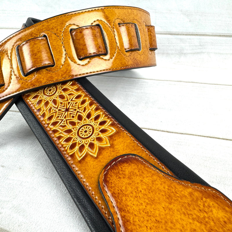 Walker & Williams GB-34 Latigo Tan Padded Leather Strap with Zodiac Star Pattern For Acoustic, Electric, And Bass Guitars
