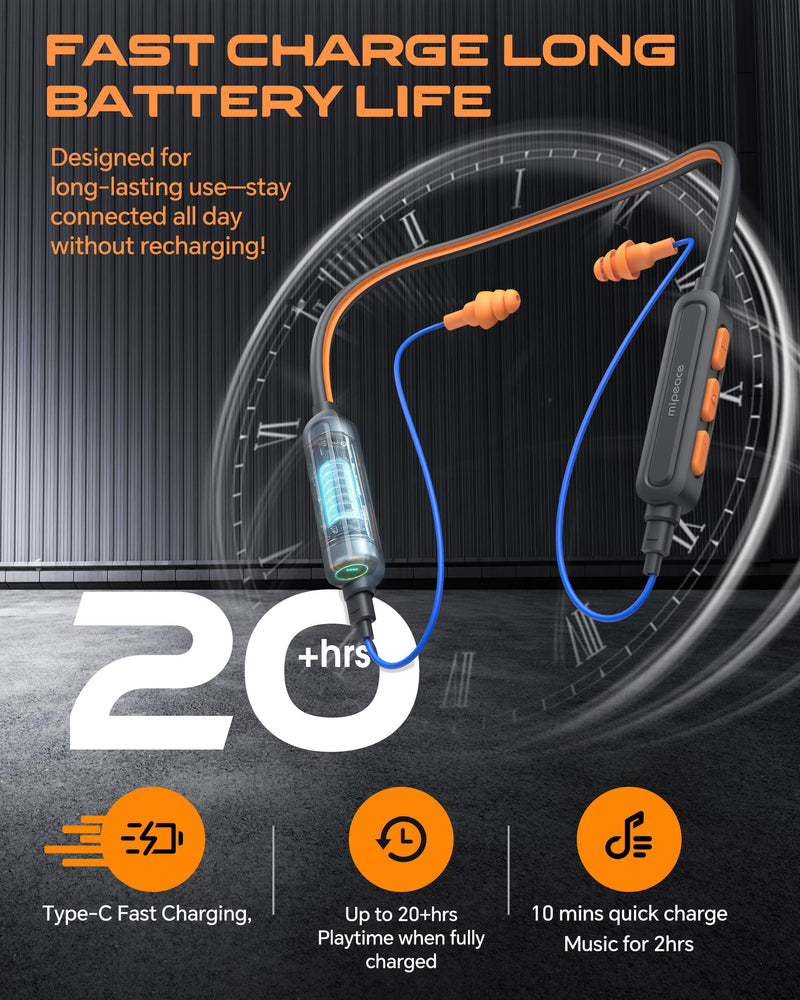 MIPEACE Neckband Bluetooth Work Headphones with 2pcs Replacement Earbuds Cable-Blue & Orange