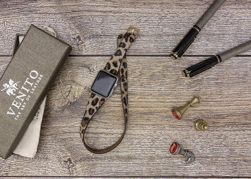 Venito Serena Slim Double Wrap Leather Watch Band Compatible with Apple Watch iwatch Series 1, 2, 3, 4, 5, 6, 7, SE (Furry Leopard w/Gold Stainless Steel Hardware, 38mm-40mm)