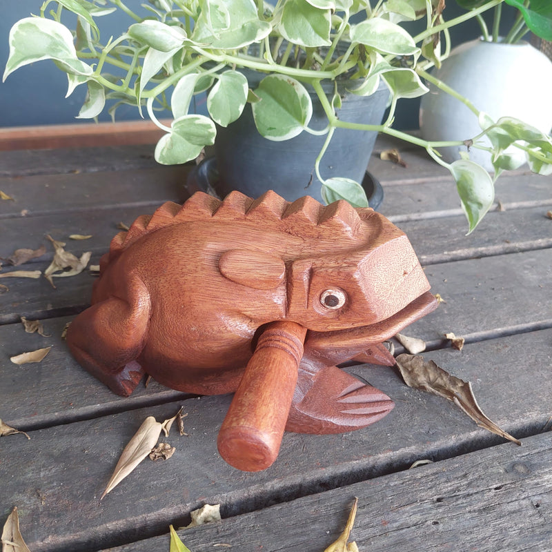 Extra Large 9" Wood Frog Guiro Rasp Percussion Instrument Tone Block Wooden Good Luck Frog Animal Shaped Figurine Handcraft Musical Instruments from Thailand Home Office Decoration (Tan) Tan