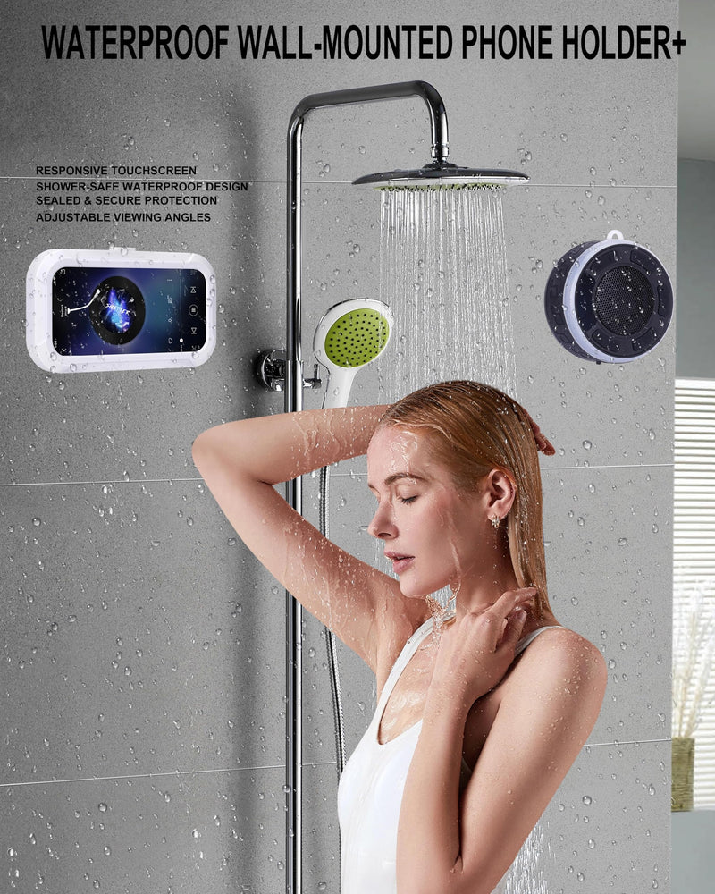 Shower Speaker Bluetooth Waterproof, Portable Wireless Bathroom Speaker with HD Sound & Deep Bass, IPX7 Waterproof Mini Speaker with Shower Phone Holder, for Shower, Pool & Travel