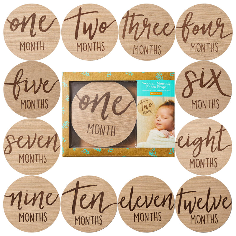 Kate & Milo Baby Monthly Milestone Marker Discs - Classic Cursive Script Wooden Discs with Reversible Photo Props for Baby Announcement and Milestones, Gender-Neutral Gift for Newborn Boy and Girl Circle Milestone Discs