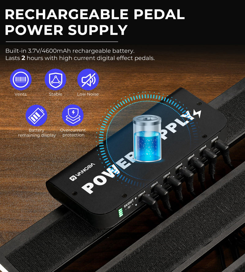 Vangoa Rechargeable Guitar Pedal Power Supply Built-in 4600mAh Battery with LED Indicator 7 Outputs DC 9V (300mA, 100mA), 5V/1A USB Port, Portable Guitar Pedal Power Supply, Black, PS-01 6.9''*3''*0.9''