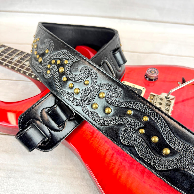Walker & Williams GE-217 Midnight Blue Handmade Padded Leather Guitar Strap with Celtic Tooling and Brass Studs For Electric, Acoustic, And Bass Guitars