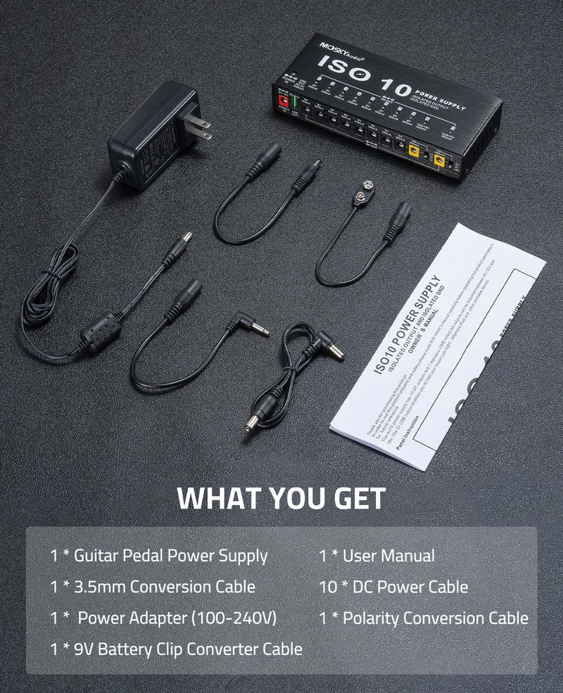 Mosky Guitar Pedal Power Supply 10 Isolated DC Output, 9V 12V 18V 300mA 500mA Effect Pedal Boards Power Supply with USB Port, Short Circuit Overcurrent Protection 1345