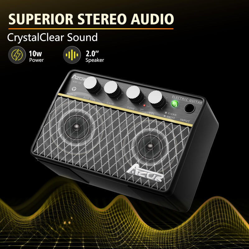 [AUSTRALIA] - AZOR Guitar Amp, 10W USB-C Rechargeable, 6H Working Mini Electric Guitar Amplifier Wireless Amp with Clean/Drive Channels with 3.5mm Headphone/AUX Jack Output for Indoor Practice ABA-10 