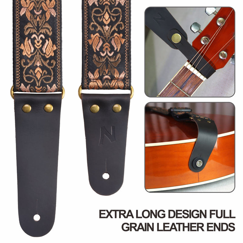 Nefelibata Guitar Strap, 2" Jacquard Embroidery Guitar Straps, Full Grain Leather Ends with Hidden Pocket, for Bass, Electric and Acoustic Guitars, Strap Button, Strap Locks and Guitar Picks Retro Gold Flowers