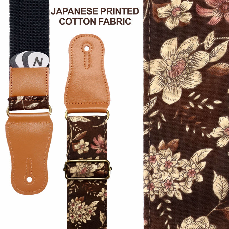 Nefelibata Cotton Guitar Strap for Acoustic Guitar, Ukulele, Headstock Strap Adapter, Guitar Picks and Strap Locks Adjustable from 38" to 64" E# - Pomegranate Flower
