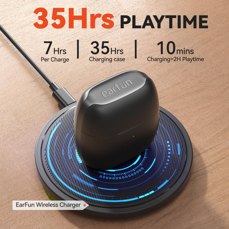 EarFun Air True Wireless Earbuds, Bluetooth Earbuds with 4 Mics Clear Call | IPX7 Waterproof, Game Mode, Deep Bass, Wireless Charging, USB-C Fast Charge, 35H Playtime, Black