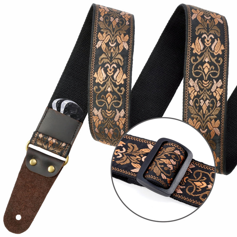 Nefelibata Guitar Strap, 2" Jacquard Embroidery Guitar Straps, Full Grain Leather Ends with Hidden Pocket, for Bass, Electric and Acoustic Guitars, Strap Button, Strap Locks and Guitar Picks Retro Gold Flowers