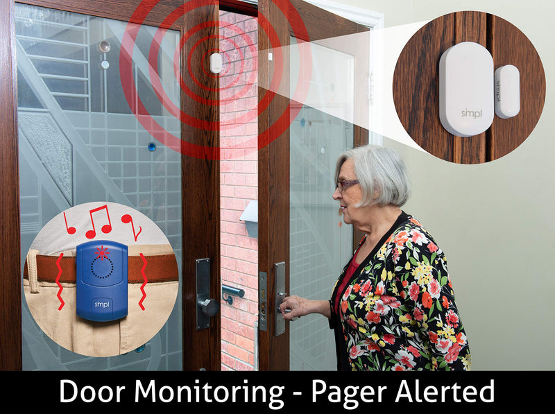 SMPL Alerts Wireless & Wearable Alerts Pager, Elderly Assistance, Caregiver Paging System, Security/Motion Sensors, Senior & Kids Safety, Live Technical Support Pager + Door Sensor