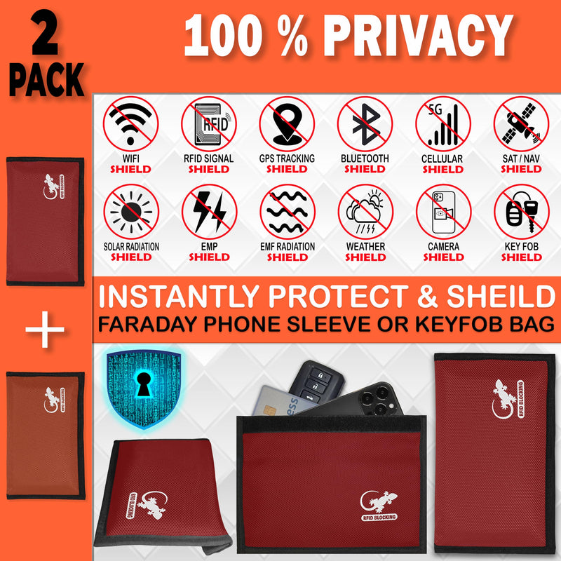 Faraday Bag Anti-Tracking GPS RFID Car Key Signal Blocker Wallet Shielding Pouch Protective Case for Cell Phone Car Key FOB, Data Privacy, Electronic Device Security (2 PACK - RED AND ORANGE) 2 PACK - RED AND ORANGE