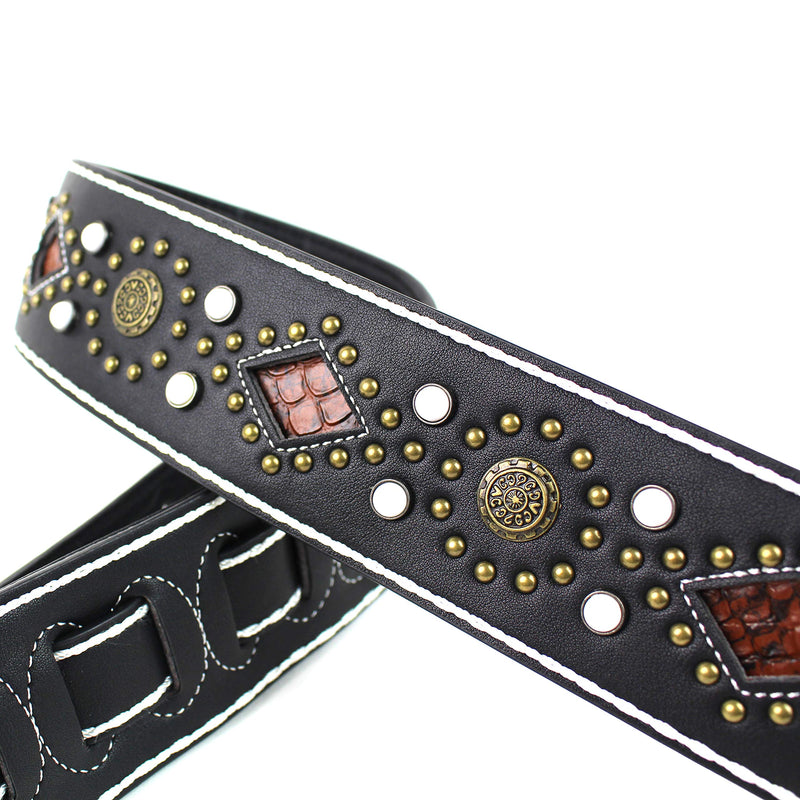 [AUSTRALIA] - Walker And Williams GTR-20-WHT Sedona Special Premium Black Padded Guitar Strap With White Stitching Brass Studs & Rivets For Acoustic, Electric, And Bass Guitars 