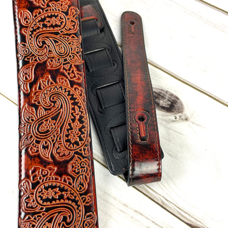 Walker And Williams GB-32 Handmade Bourbon Brown Padded Guitar Strap with Vintage Paisley Pattern For Acoustic, Electric, And Bass Guitars