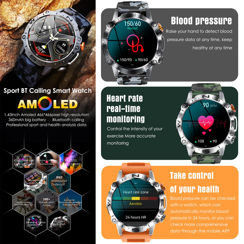 Smart Watches for Men(Answer/Make Call), 1.43" AMOLED Fitness Tracker Watch with Blood Pressure/Heart Rate Monitor, SpO2, Fitness Watch for Men, Smart Watch for Android/iOS Phones, 3 Bands (Black) Black