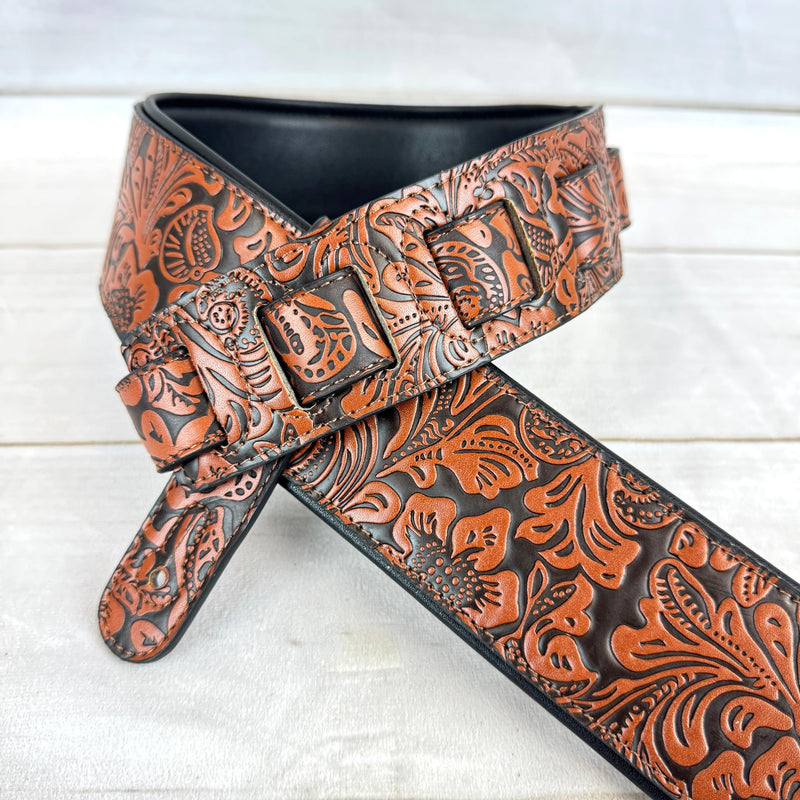 Walker & Williams G-973 Handmade Brown And Latigo Tan Western Embossed Guitar Strap with Soft Padded Back For Acoustic, Electric, And Bass Guitars