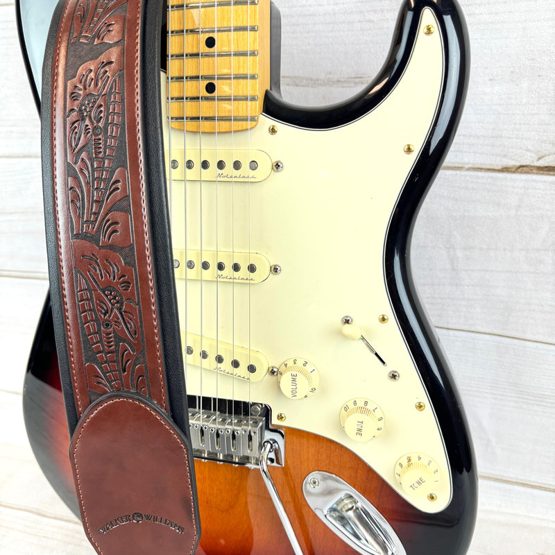 [AUSTRALIA] - Walker & Williams G-110 Mahogany Brown Padded Guitar Strap with Embossed Live Oak Tooling For Acoustic, Electric, And Bass Guitars 
