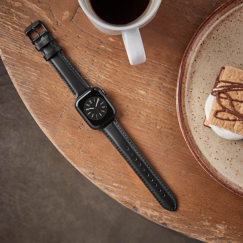 Archer Watch Straps - Top Grain Leather Watch Bands for Apple Watch 44/45/46/49mm Black/Matched Thread, Matte Gray Hardware