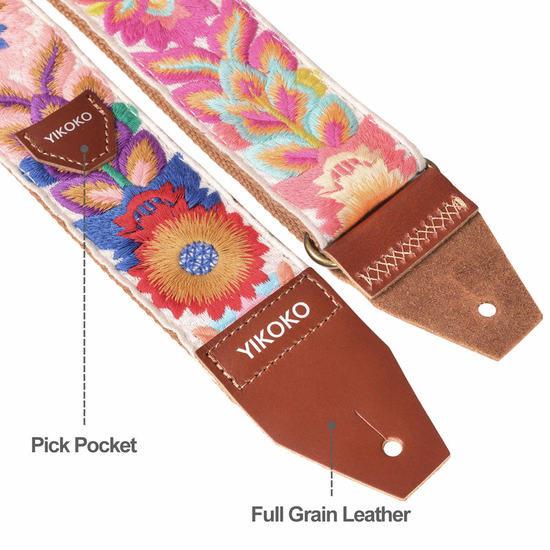 Guitar Strap，2 inch Flower Knit Cotton Guitar Straps with Full Grain Leather End, for Bass Electric and Acoustic Guitars, Free Strap Button, 2 Strap Locks and 4 Guitar Picks Colorful Flower 03