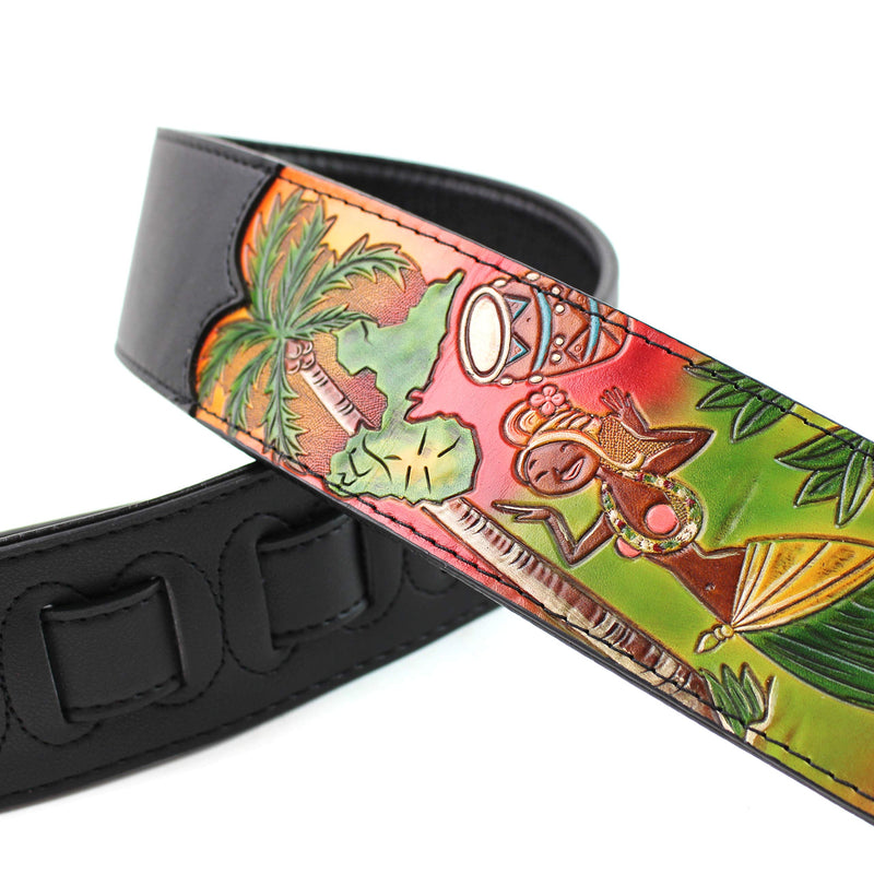 [AUSTRALIA] - Walker & Williams CVG-HWI Hand Carved Black Leather Guitar Strap With Bright Sunset Island Dancer Scene For Acoustic, Electric, And Bass Guitars 
