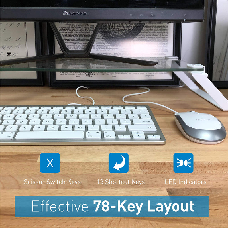 Macally USB Wired Keyboard and Mouse Combo for Mac and PC - Save Space with a Compact Small Mac Keyboard and Mouse for MacBook Pro/Air, iMac, Mac Mini/Pro - Compatible Apple Keyboard and Mouse Silver