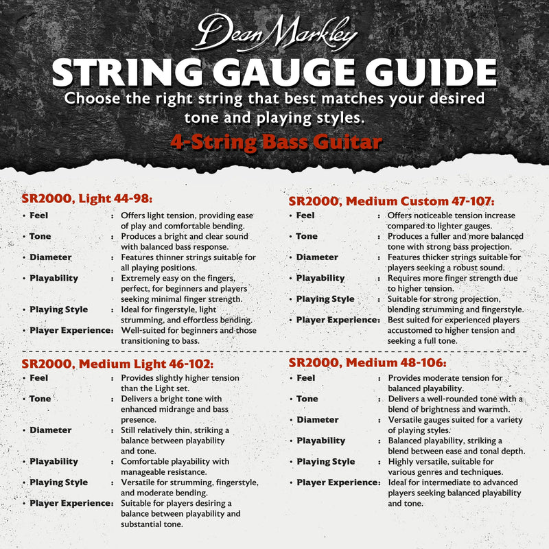 Dean Markley SR2000 Stainless Steel Bass Guitar Strings 4 String Set, 48-106 Medium 4 String Bass Guitar, Silky Smooth Bass Strings with Long Lasting and Full Tone, Made in the USA