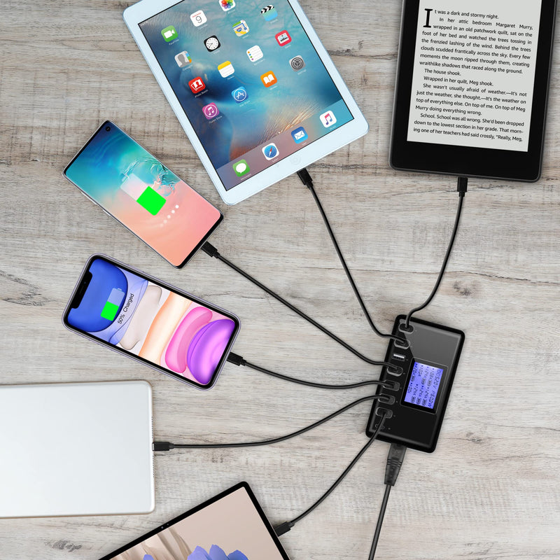 USB Charger, slitinto 60W 12A 8-Port USB Charging Station Multi Port USB Hub Charger Compact Size LCD Display Compatible with iPhone iPad Samsung Kindle Tablet Bluetooth Earbuds and More Black