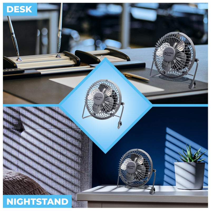 Comfort Zone Mini Portable Desk Fan with 360-Degree Adjustable Tilt, Dual Powered (USB or Power Cord), 4 inch, All-Metal Construction, Airflow 3.31 ft/sec, Ideal for Home, Bedroom & Office, CZHV4S Silver