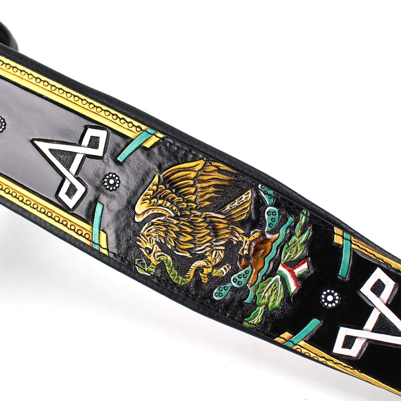 [AUSTRALIA] - Walker And Williams KB-52-BLK Handmade Heritage Series Black Leather Guitar Strap With Hand Carved And Painted Mexican Coat Of Arms Design For Acoustic, Electric, And Bass Guitars 