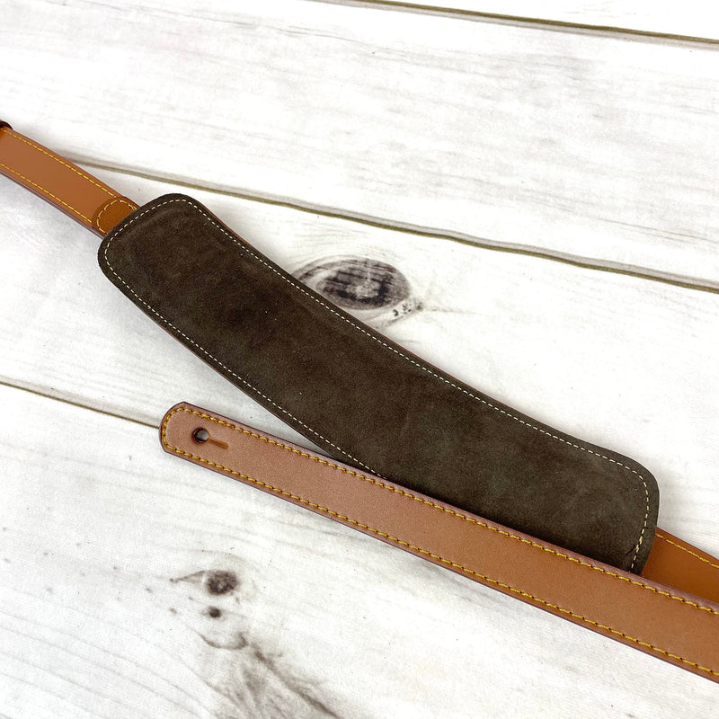 Walker And Williams C-18-VBRN Vintage Brown Premium Grain Leather Slash Guitar Strap With Deluxe Soft Suede Pad For Acoustic, Electric, And Bass Guitars