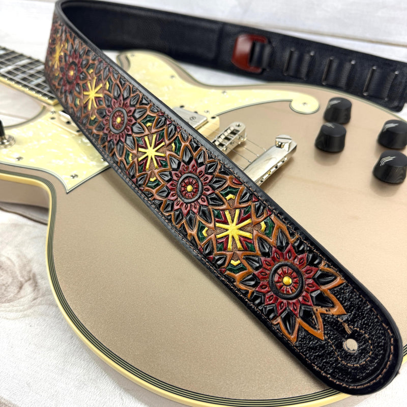 Walker & Williams LIH-2 Black And Brown Hand Carved Premium Leather Guitar Strap With Gold Earth Zodiac Star Design And Premium Padded Back For Acoustic, Electric, And Bass Guitars