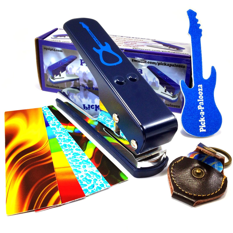 Pick-a-Palooza DIY Guitar Pick Punch - The Premium Guitar Pick Maker and a Leather Key Chain Pick Holder - Gift Pack - Blue