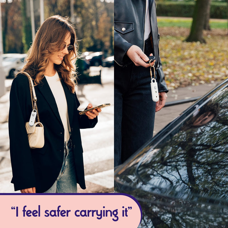 Vantamo Personal Alarm for Women - Extra Loud Double Speakers, First with Low Battery Notice with Strobe Light, Rechargeable - Safety Alarm Keychain Pearly White.