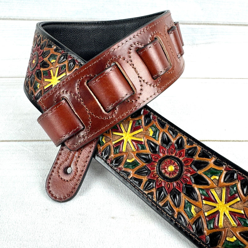 Walker & Williams LIH-2 Black And Brown Hand Carved Premium Leather Guitar Strap With Gold Earth Zodiac Star Design And Premium Padded Back For Acoustic, Electric, And Bass Guitars