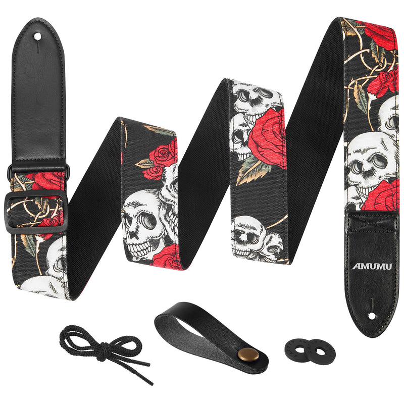 Amumu Guitar Strap – 2" Rose SKull Pattern for Acoustic, Electric and Bass Guitars, Adjustable 36'' - 63"