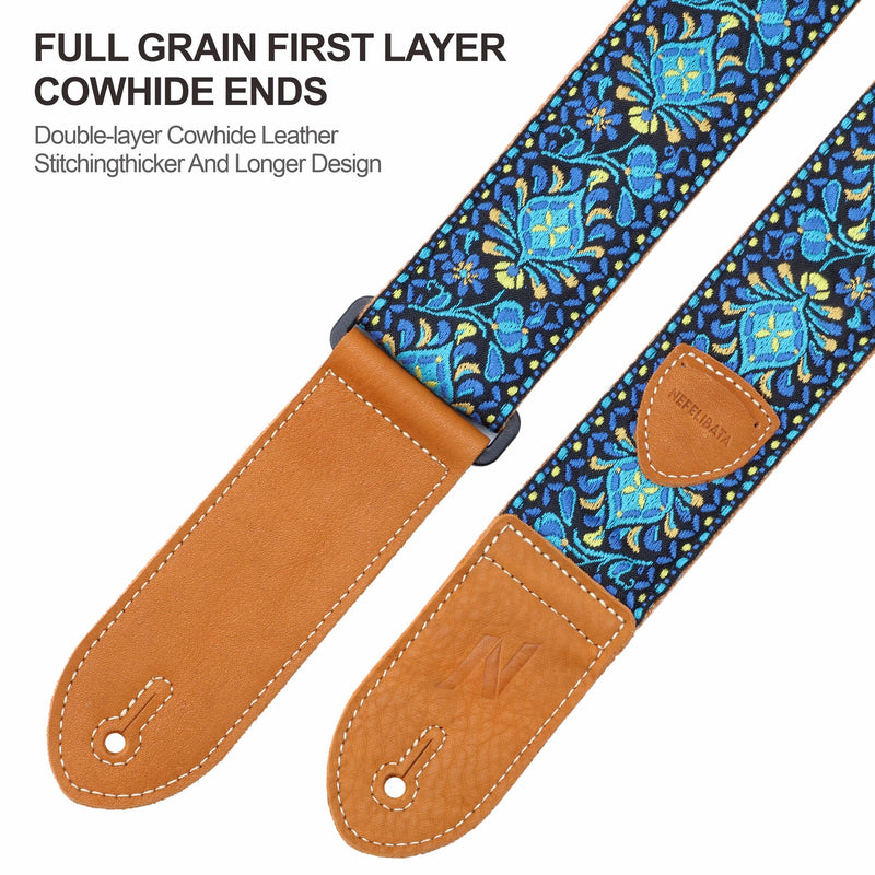 Nefelibata Guitar Strap,Double leather ends,Vintage Woven W/FREE BONUS-4 Picks+Strap Locks+Strap Button,Best Gift For Bass,Electric&Acoustic Guitars for Guitar(Vintage blue yellow embroidery) B#-vintage Blue Yellow Embroidery