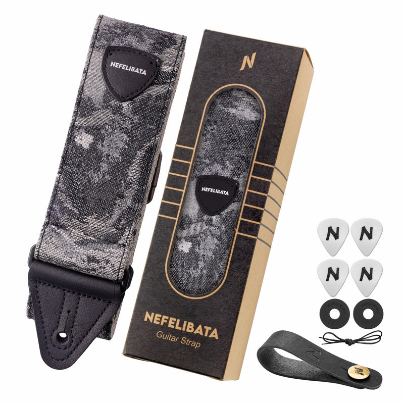[AUSTRALIA] - Nefelibata Guitar Strap 2.3", Double Cowhide Leather Ends, Cotton Guitar Straps for Bass, Electric & Acoustic Guitar, with Strap Button, Strap Locks and Guitar Picks Camo 