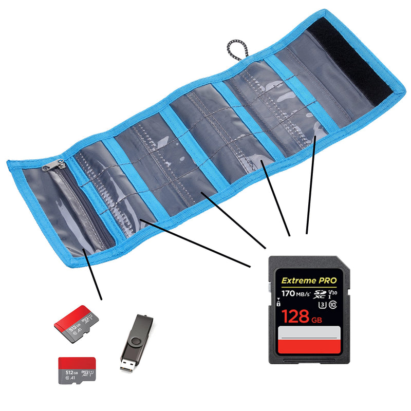 Memory Card Wallet - SD Card Storage - Slim and Foldable with Transparent Slots - Can Carry Up to 15 SD Cards - Straps with Tether Included - (Black/Blue) for SD Cards - Black & Blue