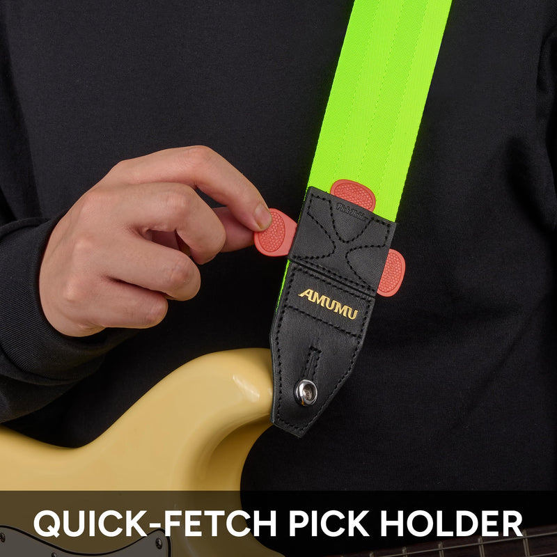 Amumu DURALINK Nylon Seatbelt Guitar Strap with Top Grain Leather Ends for Acoustic, Electric, Bass Guitar, with Quick-Fetch Pick Holder -Neo Green Neo Green