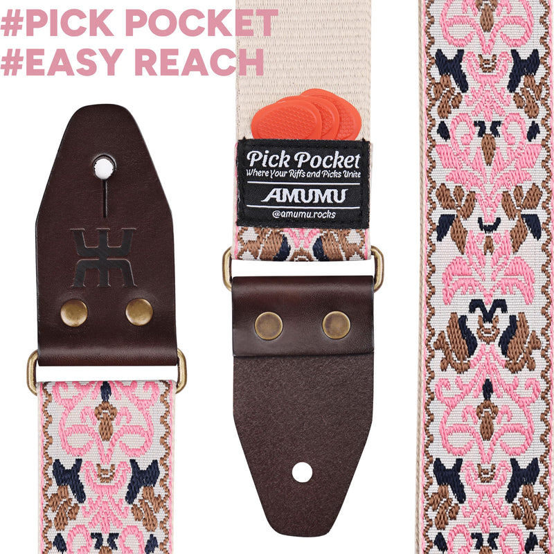Amumu Pink Spades Heart Embroidery Guitar Strap - Vintage Style with Top Grain Cowhide Leather Ends & Pick Pocket - Fits Bass, Electric, Acoustic Guitars