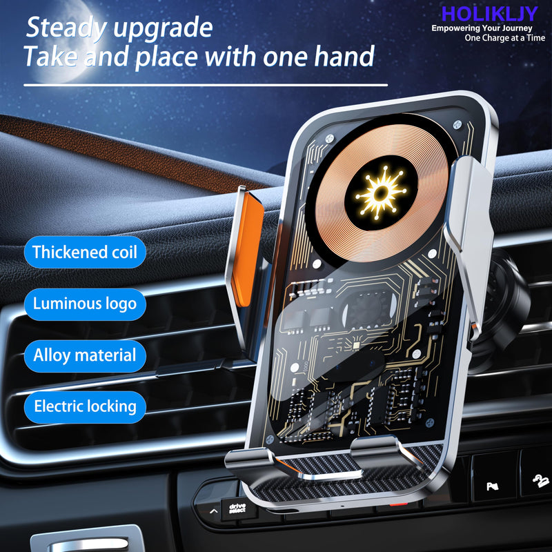 Wireless Car Phone Mount, 15W Fast Charging Car Phone Holder Charger Auto-Clamping 360 Dgrees Rotation Adjustable Air Vent Phone Mount Car Charger with luminous Logo for iPhone 16 15 14 13 S24 S23 S22 Black