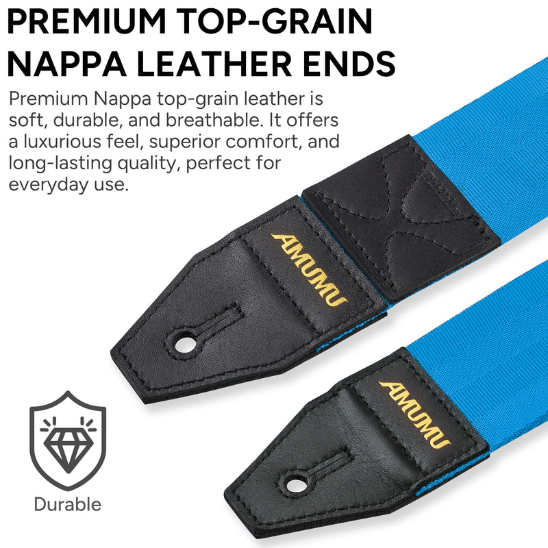 Amumu DURALINK Nylon Seatbelt Guitar Strap with Top Grain Leather Ends for Acoustic, Electric, Bass Guitar, with Quick-Fetch Pick Holder -Blue Blue