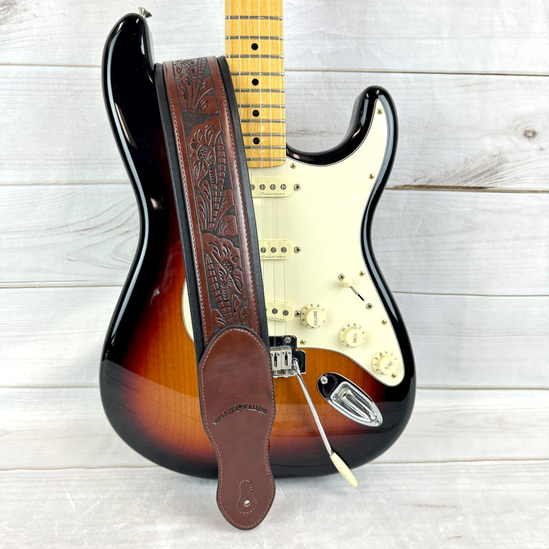 [AUSTRALIA] - Walker & Williams G-110 Mahogany Brown Padded Guitar Strap with Embossed Live Oak Tooling For Acoustic, Electric, And Bass Guitars 