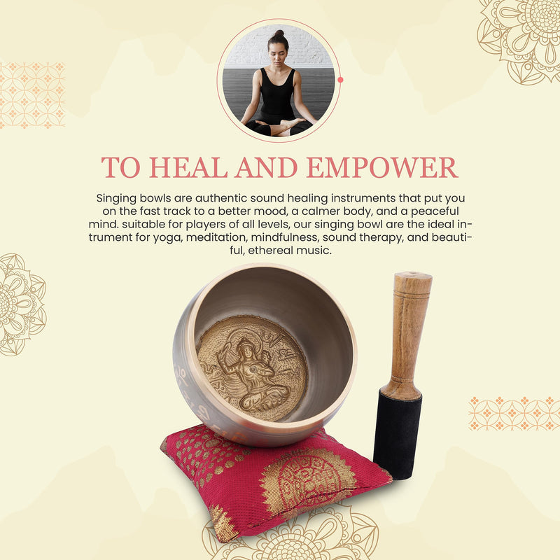 Ajuny Tibetan Singing Bowl Set for Meditation Yoga Chakra Healing Stress Relief Mindfulness Handmade Brass Sound Bowl with Stick and Cushion Unique Spiritual Gifts for Women & Men (Gold Beige) Gold-Beige