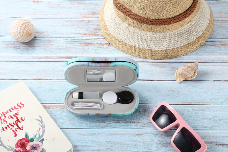 Contact Lens Case, Contact Case Kit, 2 in 1 Double Sided Portable Contact Lense Case and Eyeglasses Case, with Marbling, Multifunction, Durable, Compact, Portable Storage Kit Marble-Green