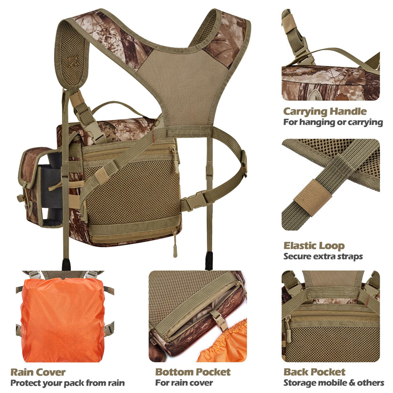 NEW VIEW Binocular Harness Chest Pack with Detachable Rangefinder Pouch,Adjustable Bino Harness&Rain Cover-Ideal for Hunting Large Camo Tree