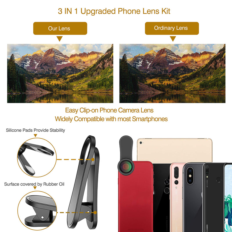 Upgraded 3 in 1 Phone Camera Lens kit-198° Fisheye Lens + Macro Lens + 120° Wide Angle Lens,Clip on Cell Phone Lens Kit Compatible with iPhone Samsung Android Smartphones